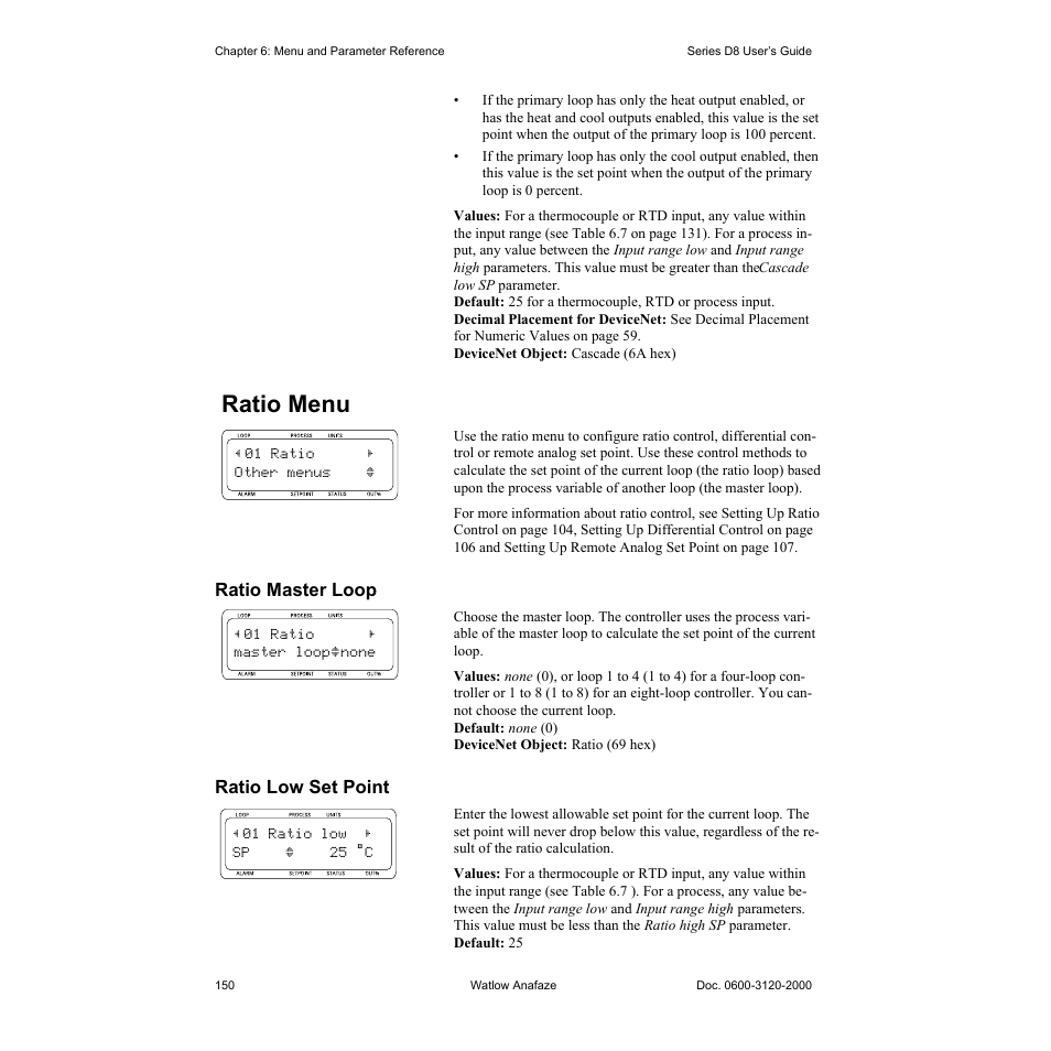 Ratio menu, Ratio master loop, Ratio low set point | Ratio menu 150, Ratio master loop 150, Ratio low set point 150 | Watlow Series D8 User Manual | Page 168 / 232