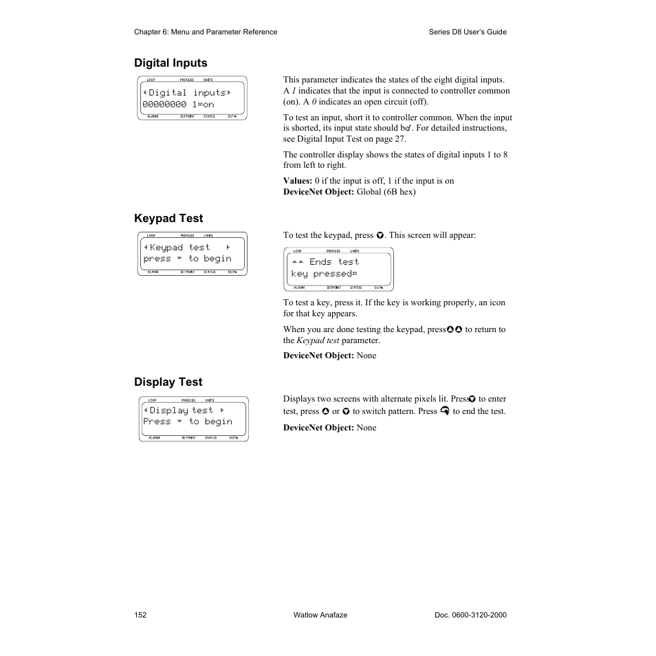 Digital inputs, Keypad test, Display test | Digital inputs 152, Keypad test 152, Display test 152 | Watlow Series D8 User Manual | Page 170 / 232