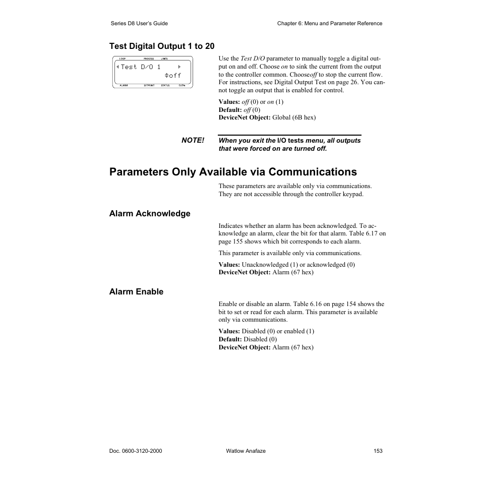 Test digital output 1 to 20, Parameters only available via communications, Alarm acknowledge | Alarm enable, Test digital output 1 to 20 153, Parameters only available via communications 153, Alarm acknowledge 153, Alarm enable 153 | Watlow Series D8 User Manual | Page 171 / 232