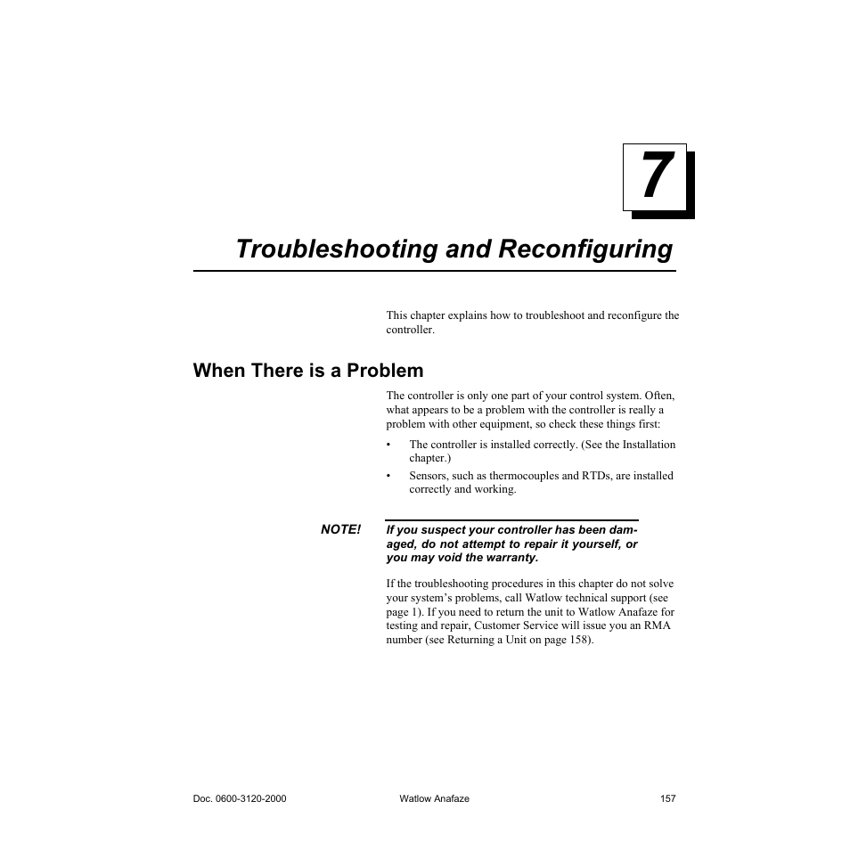 Troubleshooting and reconfiguring, When there is a problem, 7 troubleshooting and reconfiguring 157 | When there is a problem 157, 7 troubleshooting and reconfiguring | Watlow Series D8 User Manual | Page 175 / 232