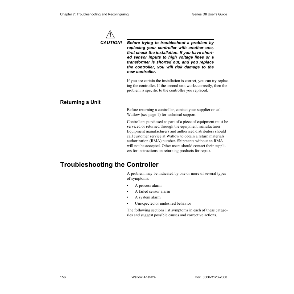 Returning a unit, Troubleshooting the controller, Returning a unit 158 | Troubleshooting the controller 158 | Watlow Series D8 User Manual | Page 176 / 232