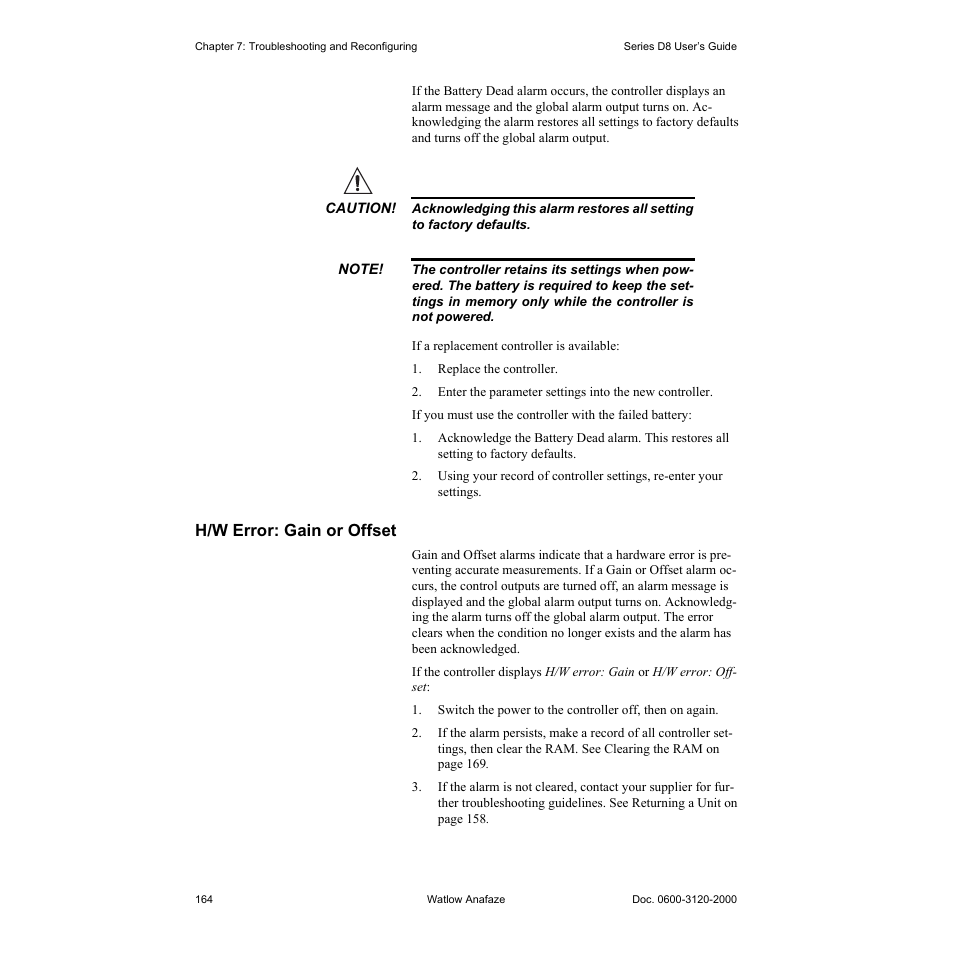 H/w error: gain or offset, H/w error: gain or offset 164, See h/w error: gain or offset on | Watlow Series D8 User Manual | Page 182 / 232