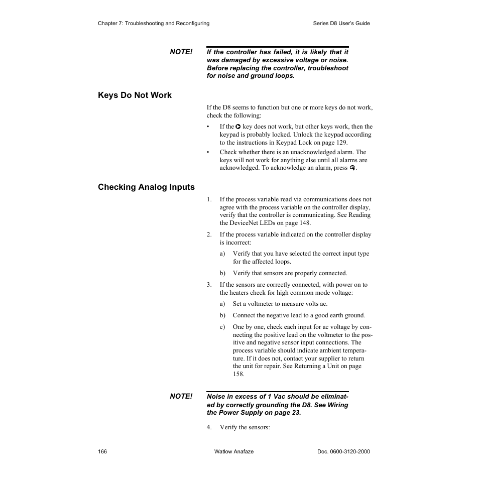Keys do not work, Checking analog inputs, Keys do not work 166 | Checking analog inputs 166 | Watlow Series D8 User Manual | Page 184 / 232