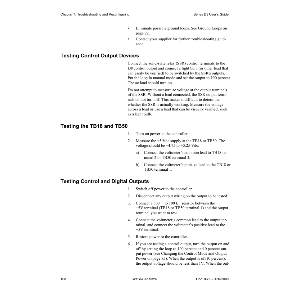 Testing control output devices, Testing the tb18 and tb50, Testing control and digital outputs | Testing control output devices 168, Testing the tb18 and tb50 168, Testing control and digital outputs 168 | Watlow Series D8 User Manual | Page 186 / 232