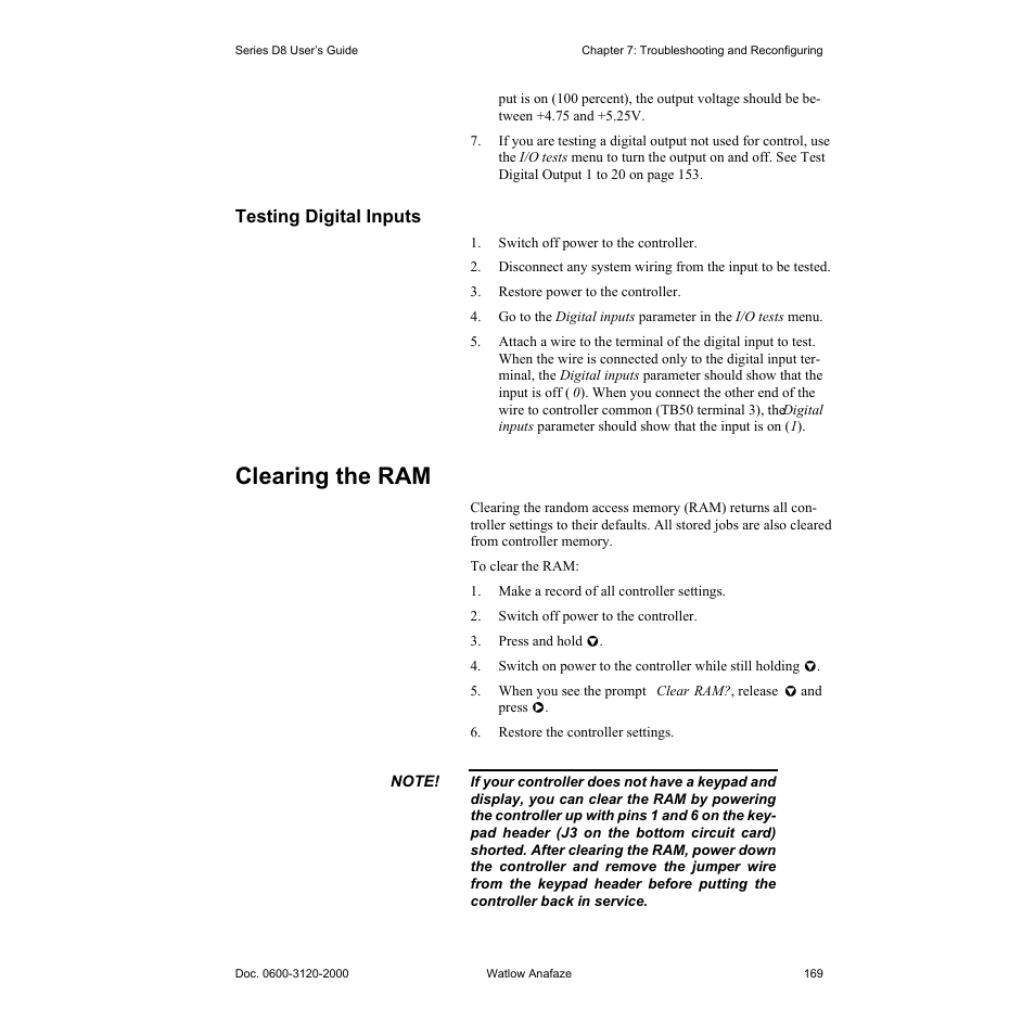 Testing digital inputs, Clearing the ram, Testing digital inputs 169 | Clearing the ram 169, Clear the ram. see clearing the ram on, Tings, then clear the ram. see clearing the ram on | Watlow Series D8 User Manual | Page 187 / 232