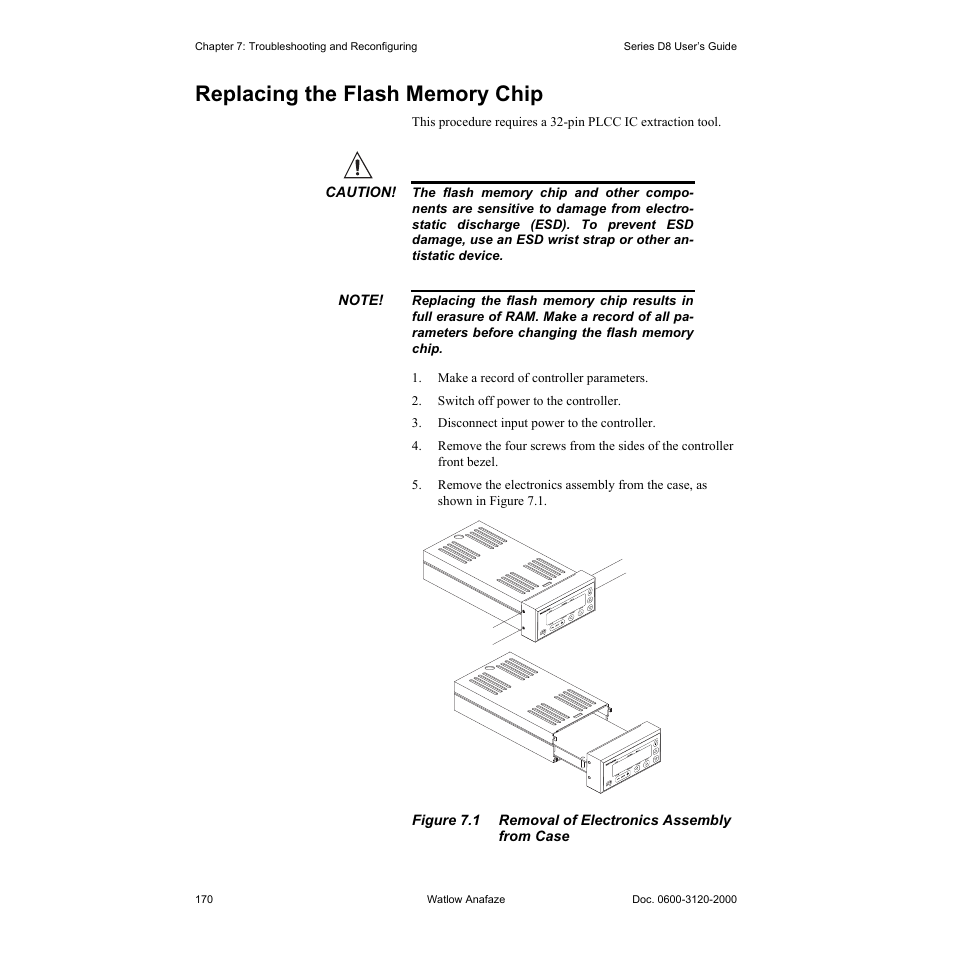 Replacing the flash memory chip, Replacing the flash memory chip 170 | Watlow Series D8 User Manual | Page 188 / 232