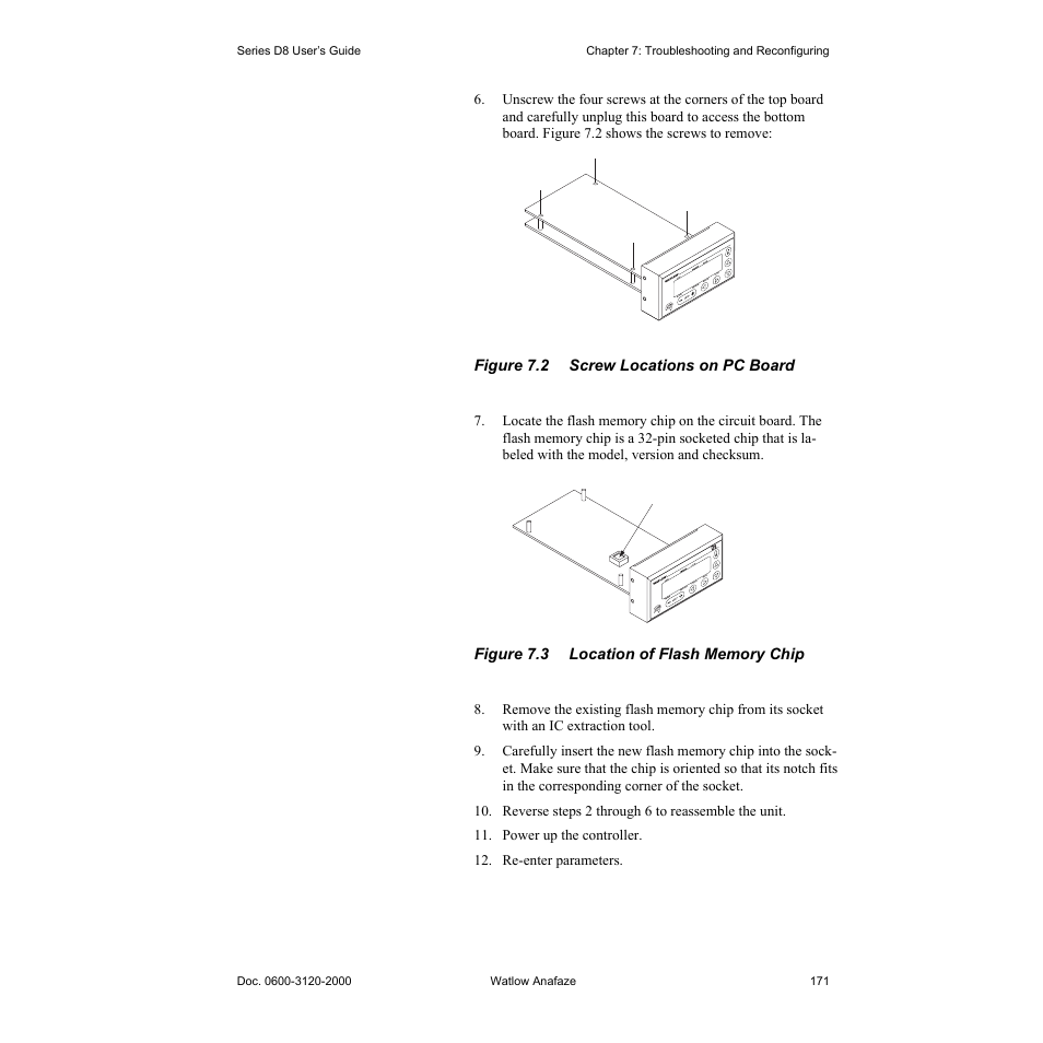 Figure 7.2—screw locations on pc board 171, Figure 7.3—location of flash memory chip 171 | Watlow Series D8 User Manual | Page 189 / 232