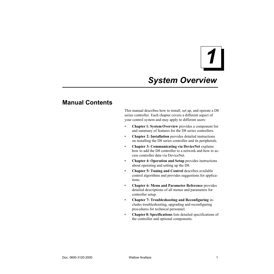 System overview, Manual contents, 1 system overview 1 | Manual contents 1 | Watlow Series D8 User Manual | Page 19 / 232