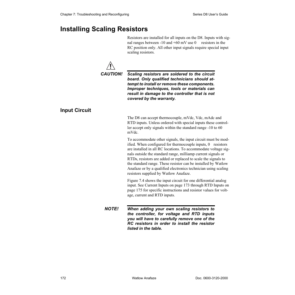 Installing scaling resistors, Input circuit, Installing scaling resistors 172 | Input circuit 172 | Watlow Series D8 User Manual | Page 190 / 232