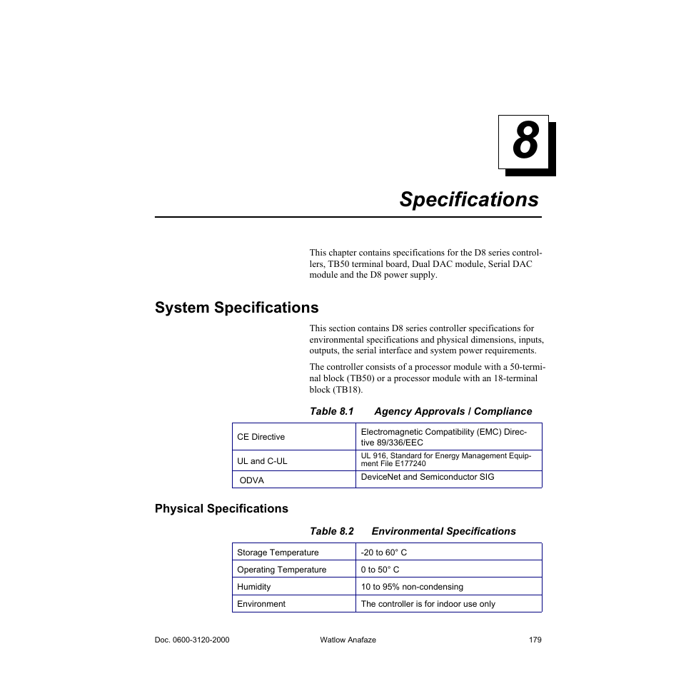 Specifications, System specifications, Physical specifications | 8 specifications 179, System specifications 179, Physical specifications 179, 8 specifications, Table 8.1— agency approvals / compliance 179, Table 8.2—environmental specifications 179 | Watlow Series D8 User Manual | Page 197 / 232