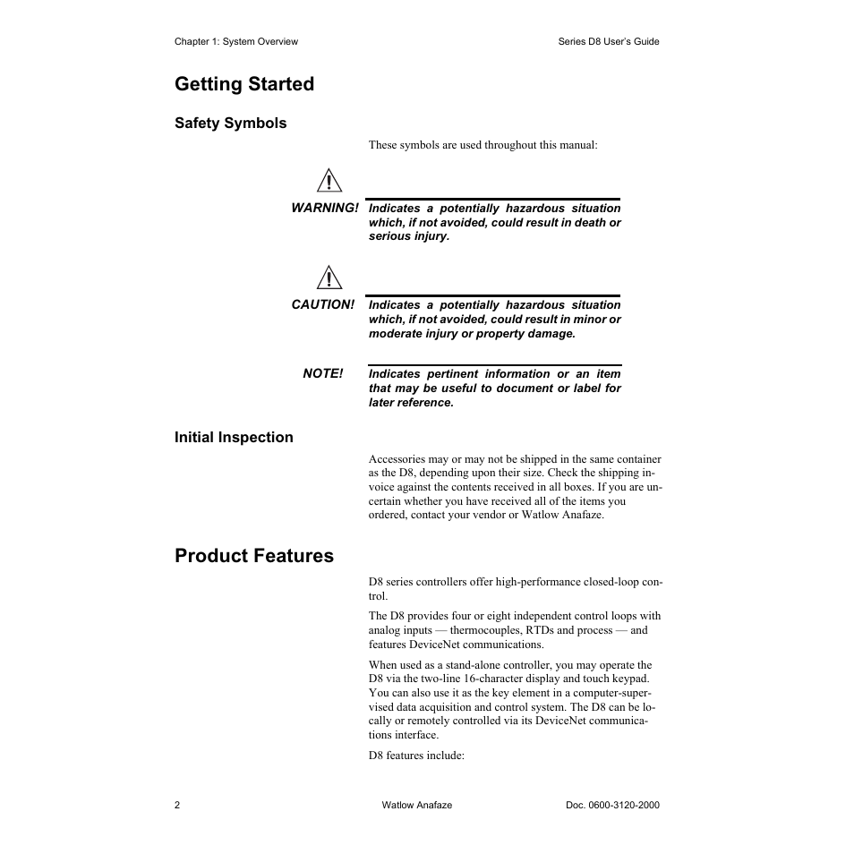 Getting started, Safety symbols, Initial inspection | Product features, Getting started 2, Safety symbols 2, Initial inspection 2, Product features 2 | Watlow Series D8 User Manual | Page 20 / 232