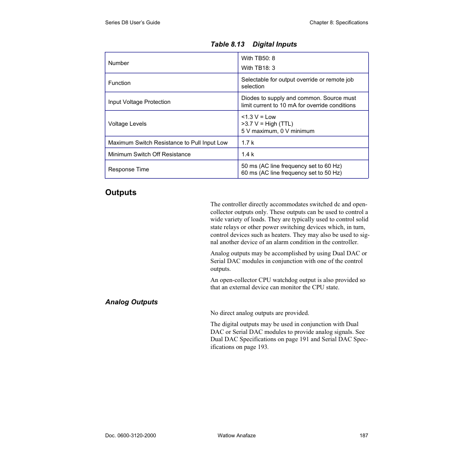 Outputs, Outputs 187, Table 8.13—digital inputs 187 | Watlow Series D8 User Manual | Page 205 / 232