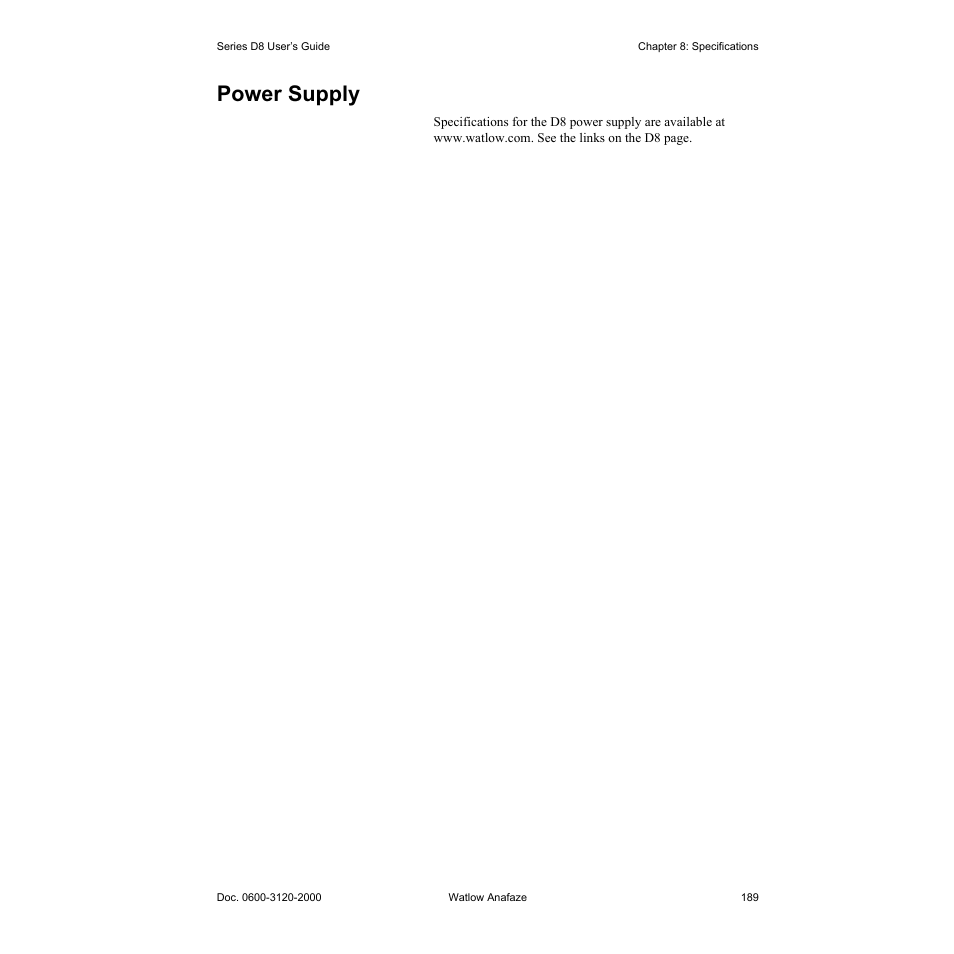 Power supply, Power supply 189, Table 8.21—power supply with mounting bracket 189 | Watlow Series D8 User Manual | Page 207 / 232