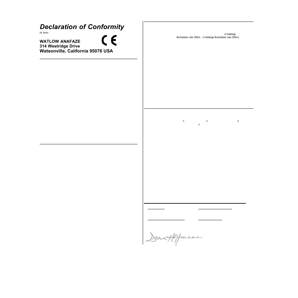 Declaration of conformity, Watlow anafaze 314 westridge drive | Watlow Series D8 User Manual | Page 214 / 232