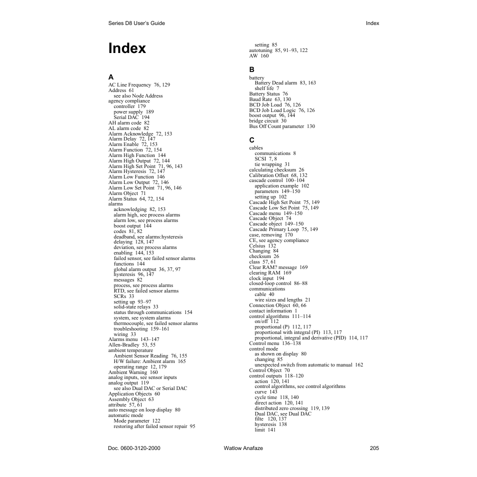 Index, Index 205 | Watlow Series D8 User Manual | Page 223 / 232
