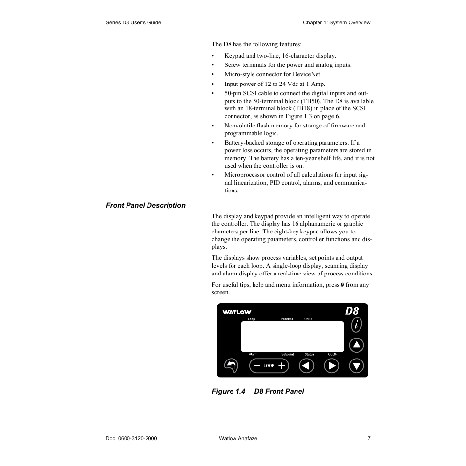 Figure 1.4—d8 front panel 7 | Watlow Series D8 User Manual | Page 25 / 232