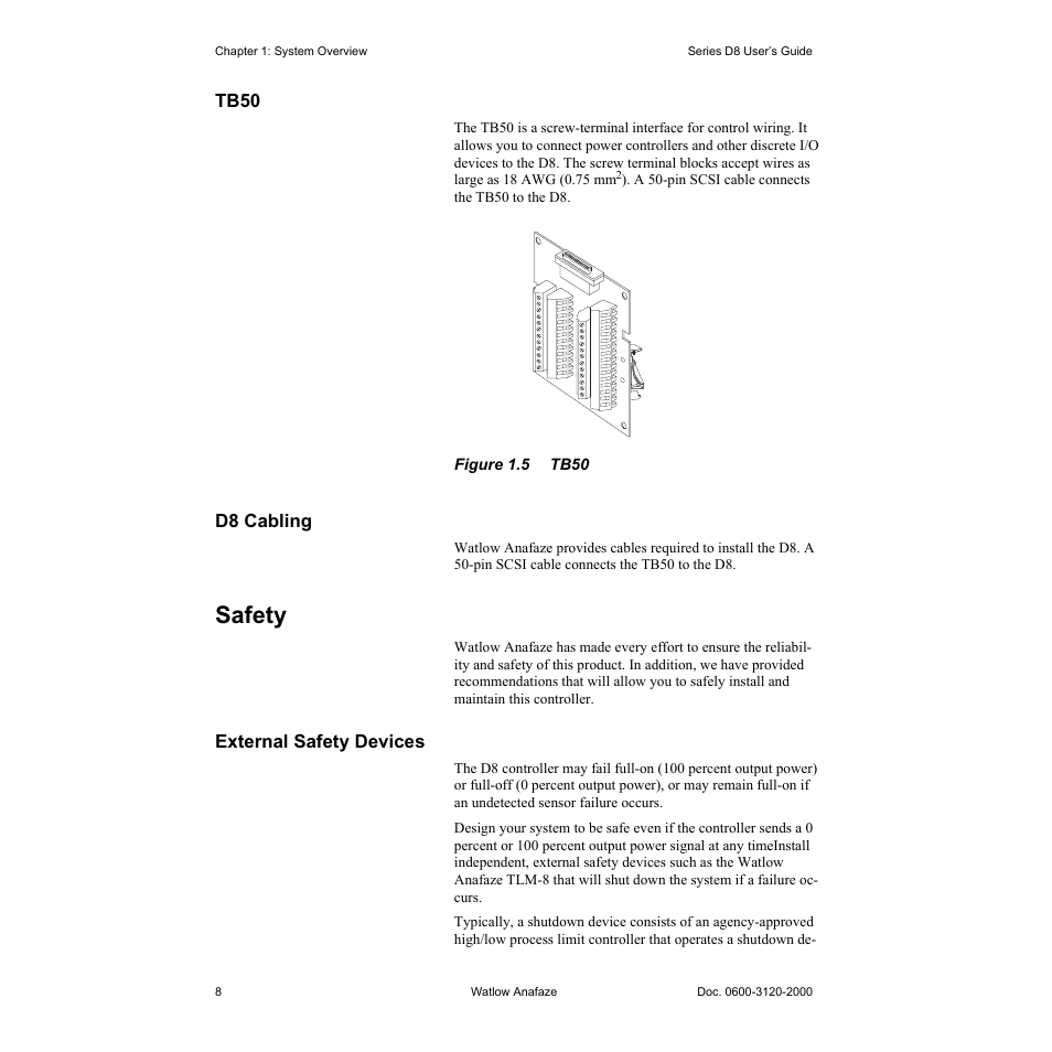 Tb50, D8 cabling, Safety | External safety devices, Tb50 8, D8 cabling 8, Safety 8, External safety devices 8, Figure 1.5—tb50 8 | Watlow Series D8 User Manual | Page 26 / 232