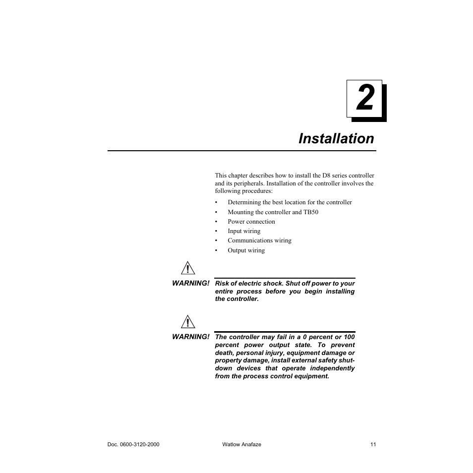 Installation, 2 installation 11, 2 installation | Watlow Series D8 User Manual | Page 29 / 232