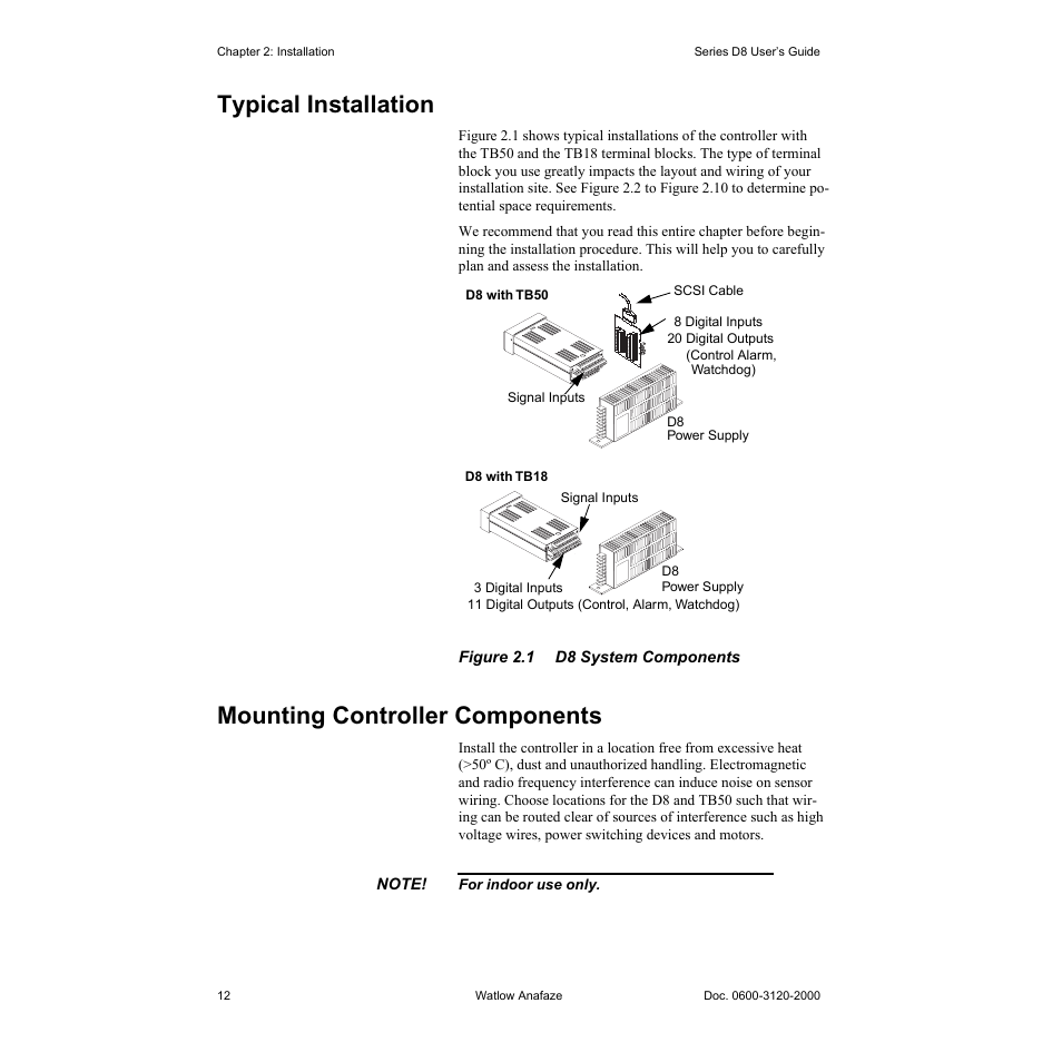 Typical installation, Mounting controller components, Typical installation 12 | Mounting controller components 12, Figure 2.1—d8 system components 12 | Watlow Series D8 User Manual | Page 30 / 232