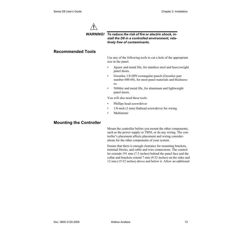 Recommended tools, Mounting the controller, Recommended tools 13 | Mounting the controller 13 | Watlow Series D8 User Manual | Page 31 / 232