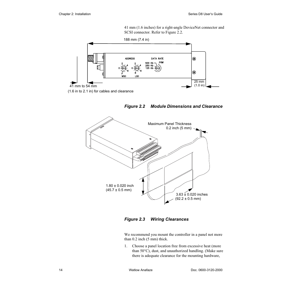 Figure 2.2—module dimensions and clearance 14, Figure 2.3—wiring clearances 14 | Watlow Series D8 User Manual | Page 32 / 232