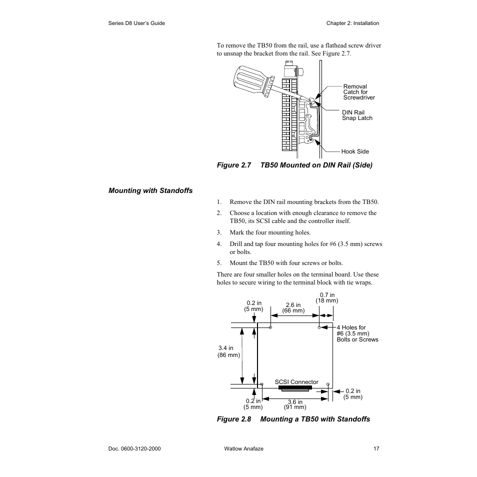 Figure 2.7—tb50 mounted on din rail (side) 17, Figure 2.8—mounting a tb50 with standoffs 17 | Watlow Series D8 User Manual | Page 35 / 232