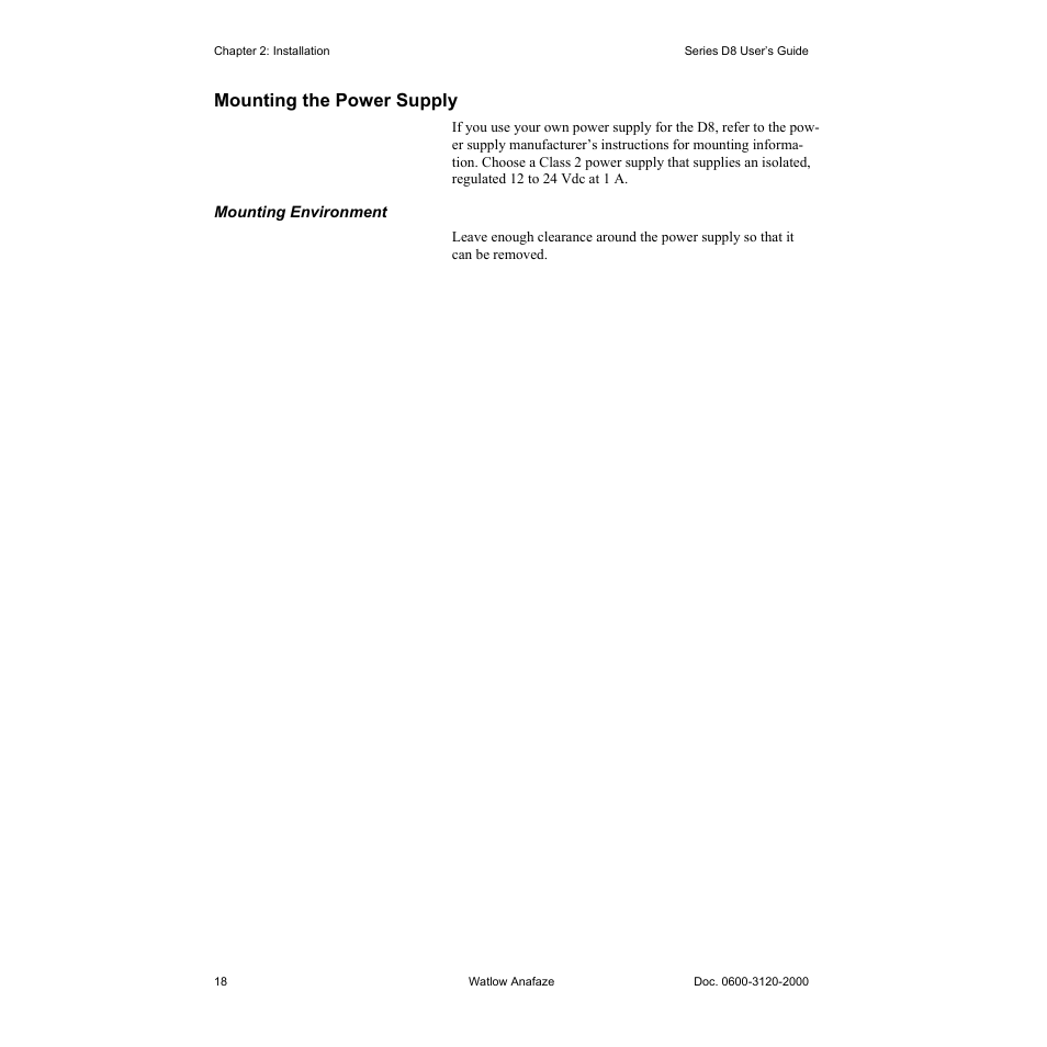 Mounting the power supply, Mounting the power supply 18, Figure 2.9—d8 power supply mounting bracket 18 | Watlow Series D8 User Manual | Page 36 / 232