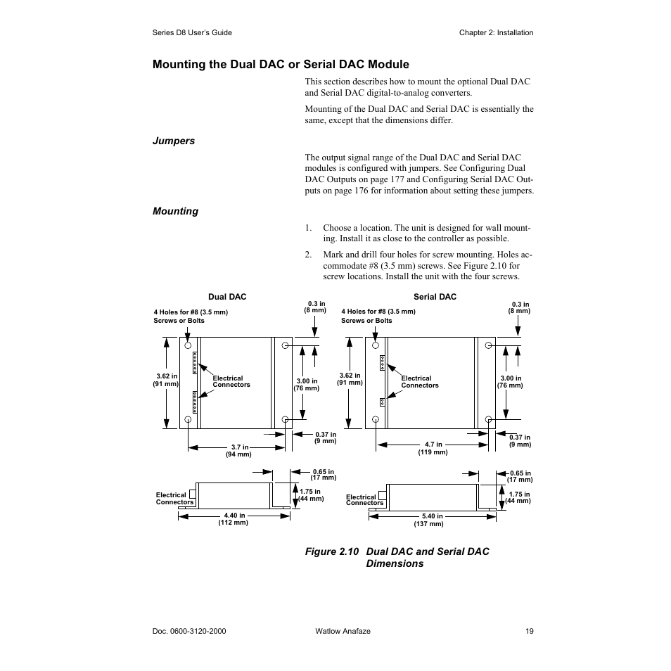 Mounting the dual dac or serial dac module, Mounting the dual dac or serial dac module 19, Figure 2.10—dual dac and serial dac dimensions 19 | Jumpers, Mounting, Figure 2.10 dual dac and serial dac dimensions | Watlow Series D8 User Manual | Page 37 / 232