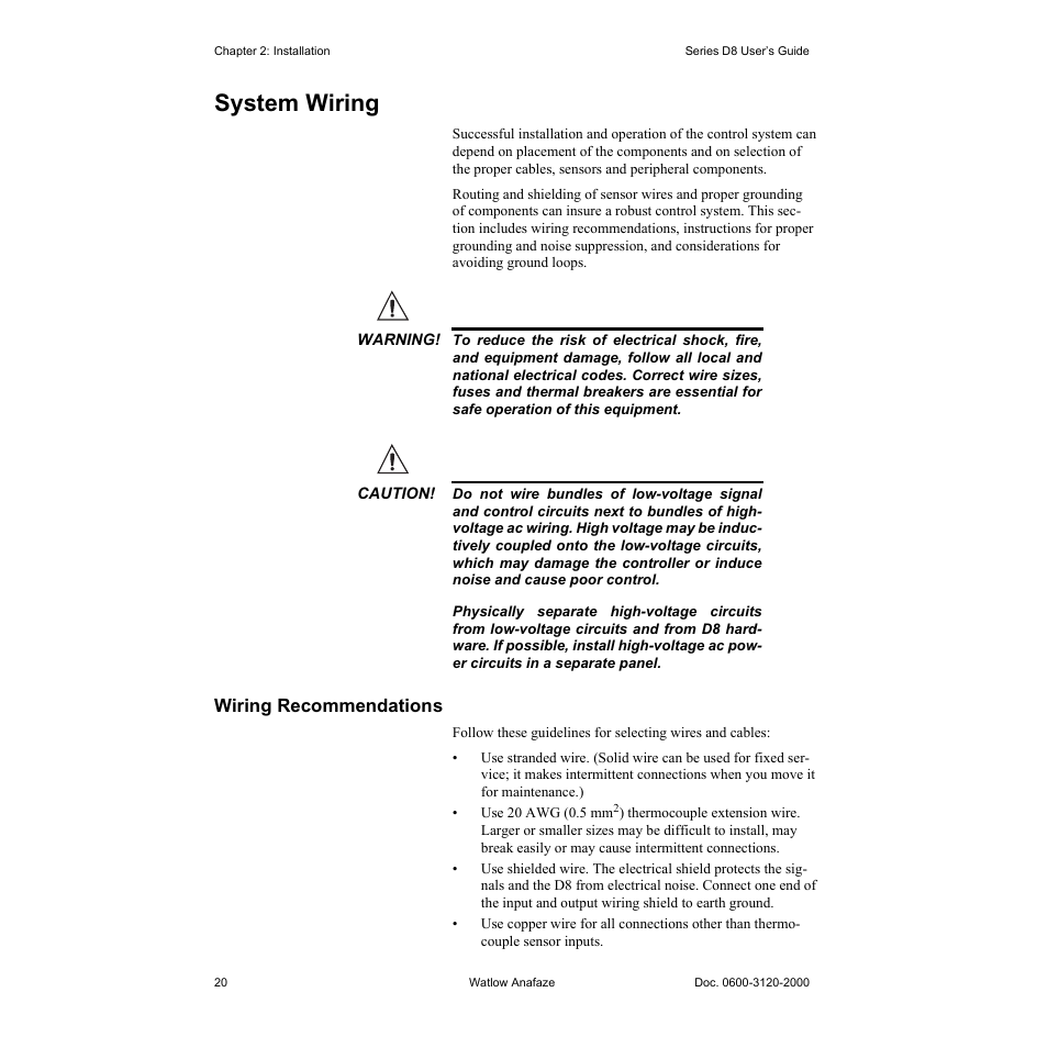 System wiring, Wiring recommendations, System wiring 20 | Wiring recommendations 20 | Watlow Series D8 User Manual | Page 38 / 232
