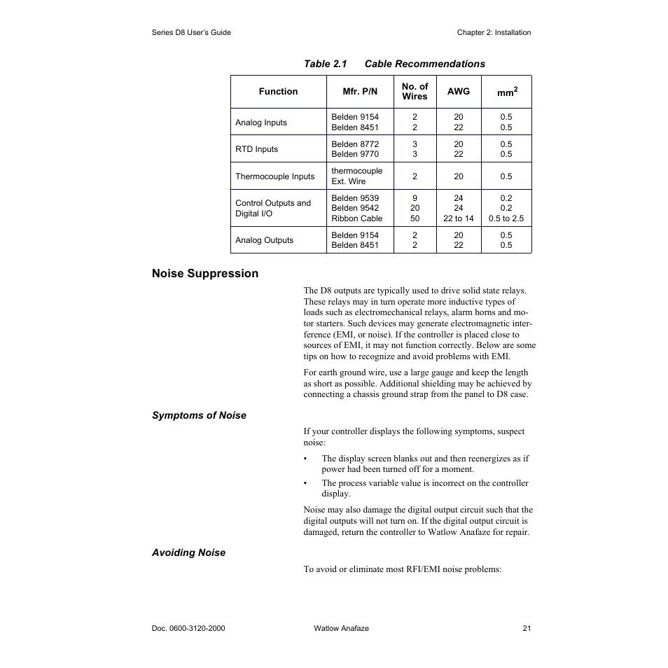 Noise suppression, Noise suppression 21, Table 2.1—cable recommendations 21 | Watlow Series D8 User Manual | Page 39 / 232