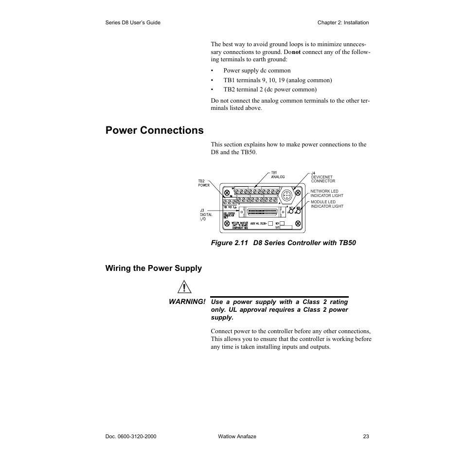 Power connections, Wiring the power supply, Power connections 23 | Wiring the power supply 23, Figure 2.11—d8 series controller with tb50 23 | Watlow Series D8 User Manual | Page 41 / 232