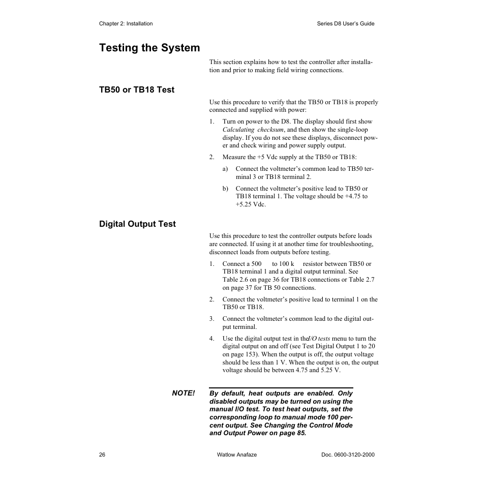 Testing the system, Tb50 or tb18 test, Digital output test | Testing the system 26, Tb50 or tb18 test 26, Digital output test 26 | Watlow Series D8 User Manual | Page 44 / 232