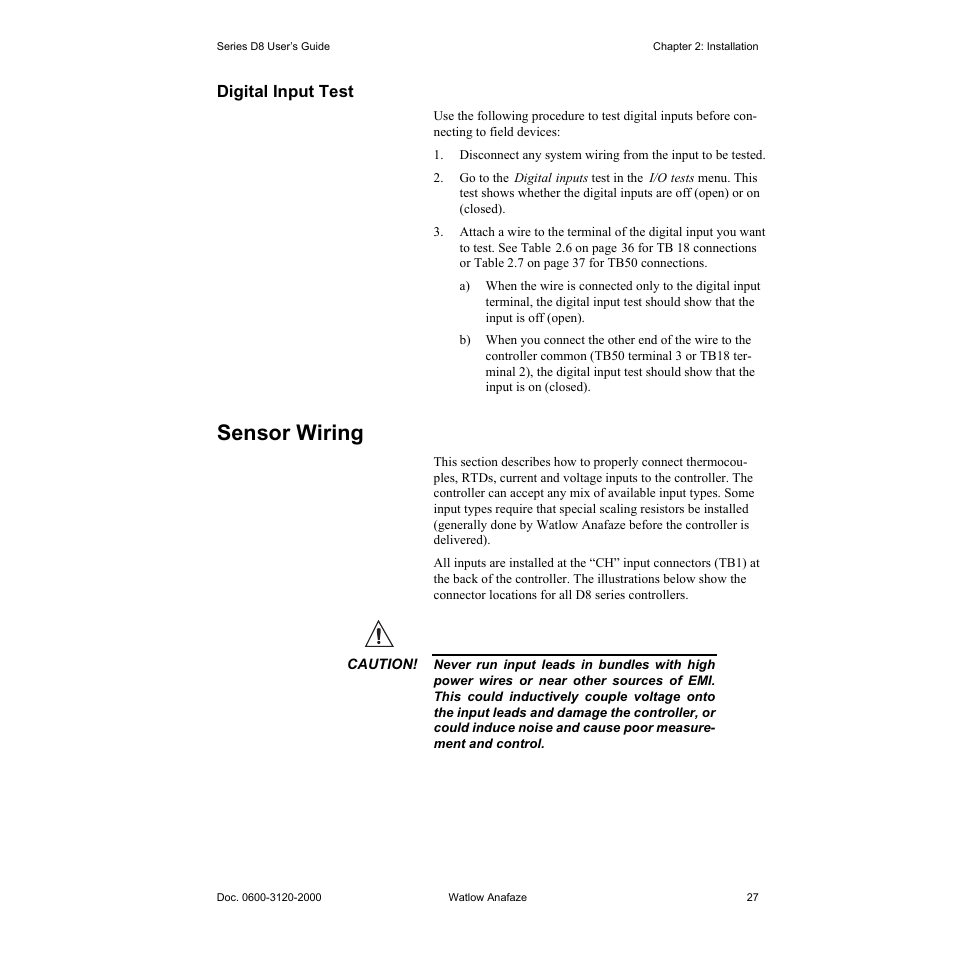 Digital input test, Sensor wiring, Digital input test 27 | Sensor wiring 27 | Watlow Series D8 User Manual | Page 45 / 232