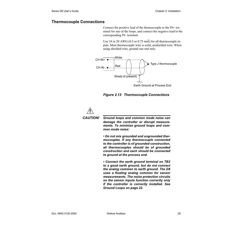 Thermocouple connections, Thermocouple connections 29, Figure 2.13—thermocouple connections 29 | Watlow Series D8 User Manual | Page 47 / 232