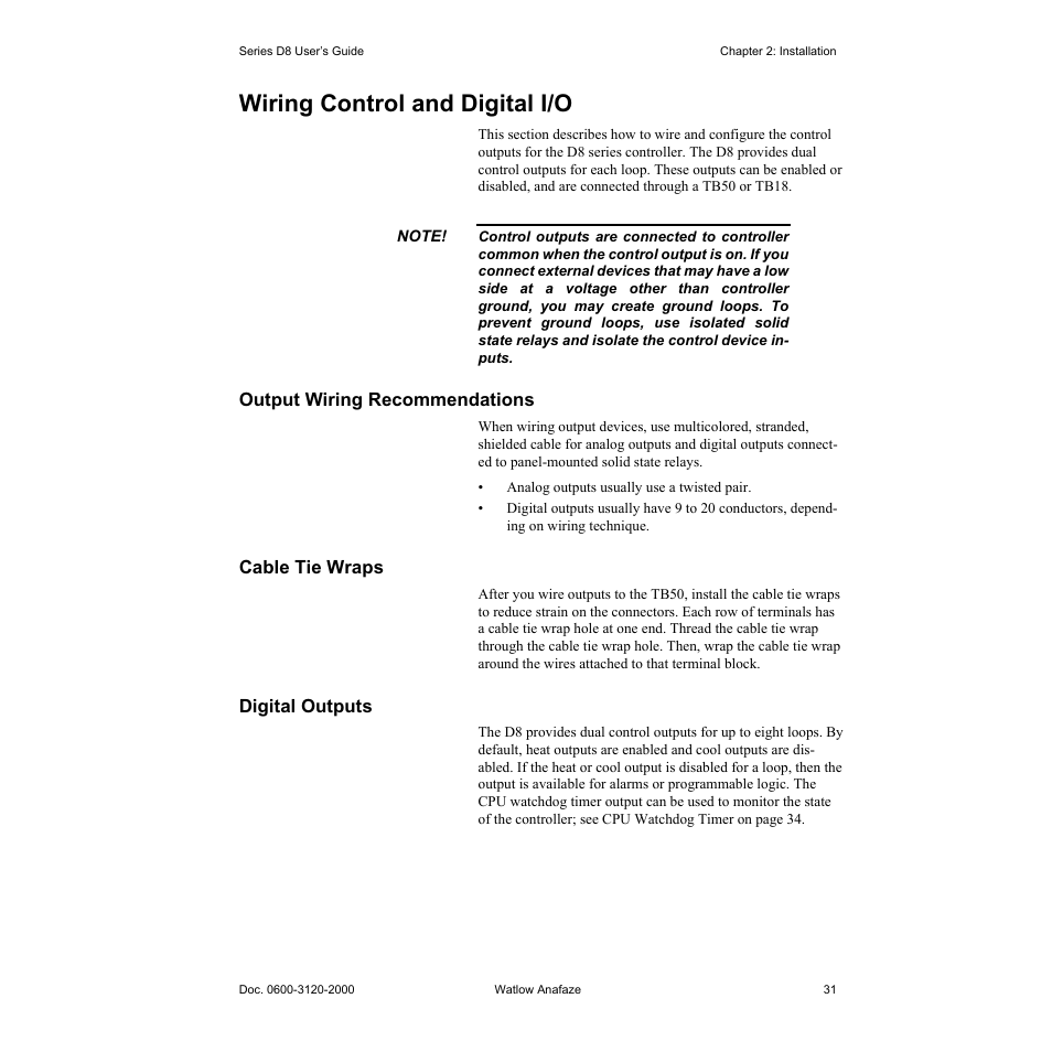 Wiring control and digital i/o, Output wiring recommendations, Cable tie wraps | Digital outputs, Wiring control and digital i/o 31, Output wiring recommendations 31, Cable tie wraps 31, Digital outputs 31 | Watlow Series D8 User Manual | Page 49 / 232