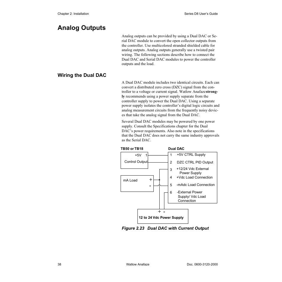 Analog outputs, Wiring the dual dac, Analog outputs 38 | Wiring the dual dac 38, Figure 2.23—dual dac with current output 38 | Watlow Series D8 User Manual | Page 56 / 232