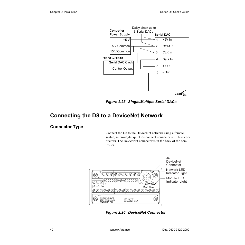 Connecting the d8 to a devicenet network, Connector type, Connecting the d8 to a devicenet network 40 | Connector type 40, Figure 2.25—single/multiple serial dacs 40, Figure 2.26—devicenet connector 40 | Watlow Series D8 User Manual | Page 58 / 232