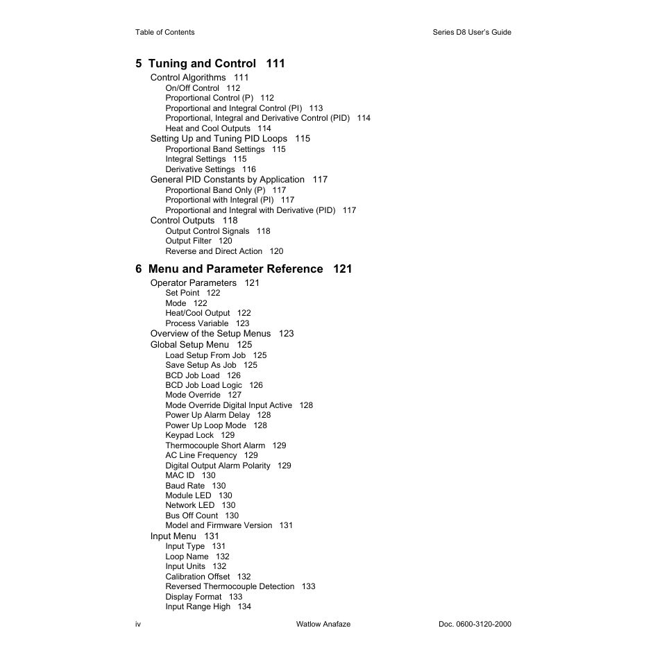 5 tuning and control 111, 6 menu and parameter reference 121 | Watlow Series D8 User Manual | Page 6 / 232