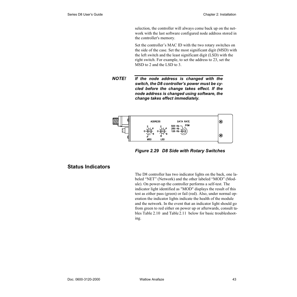 Status indicators, Status indicators 43, Figure 2.29—d8 side with rotary switches 43 | Watlow Series D8 User Manual | Page 61 / 232