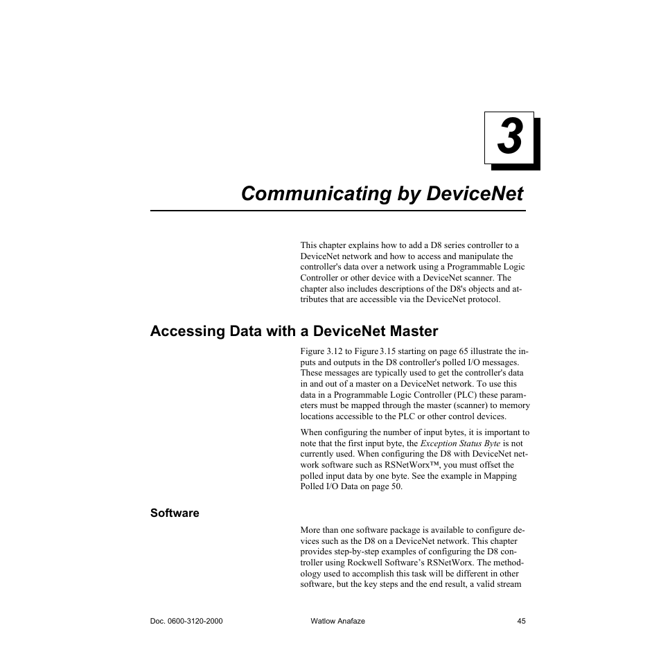 Communicating by devicenet, Accessing data with a devicenet master, Software | 3 communicating by devicenet 45, Accessing data with a devicenet master 45, Software 45, 3 communicating by devicenet | Watlow Series D8 User Manual | Page 63 / 232
