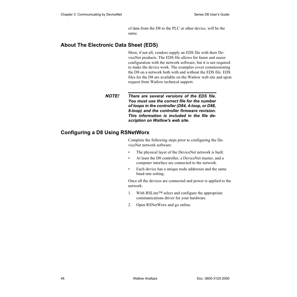 About the electronic data sheet (eds), Configuring a d8 using rsnetworx, About the electronic data sheet (eds) 46 | Configuring a d8 using rsnetworx 46 | Watlow Series D8 User Manual | Page 64 / 232