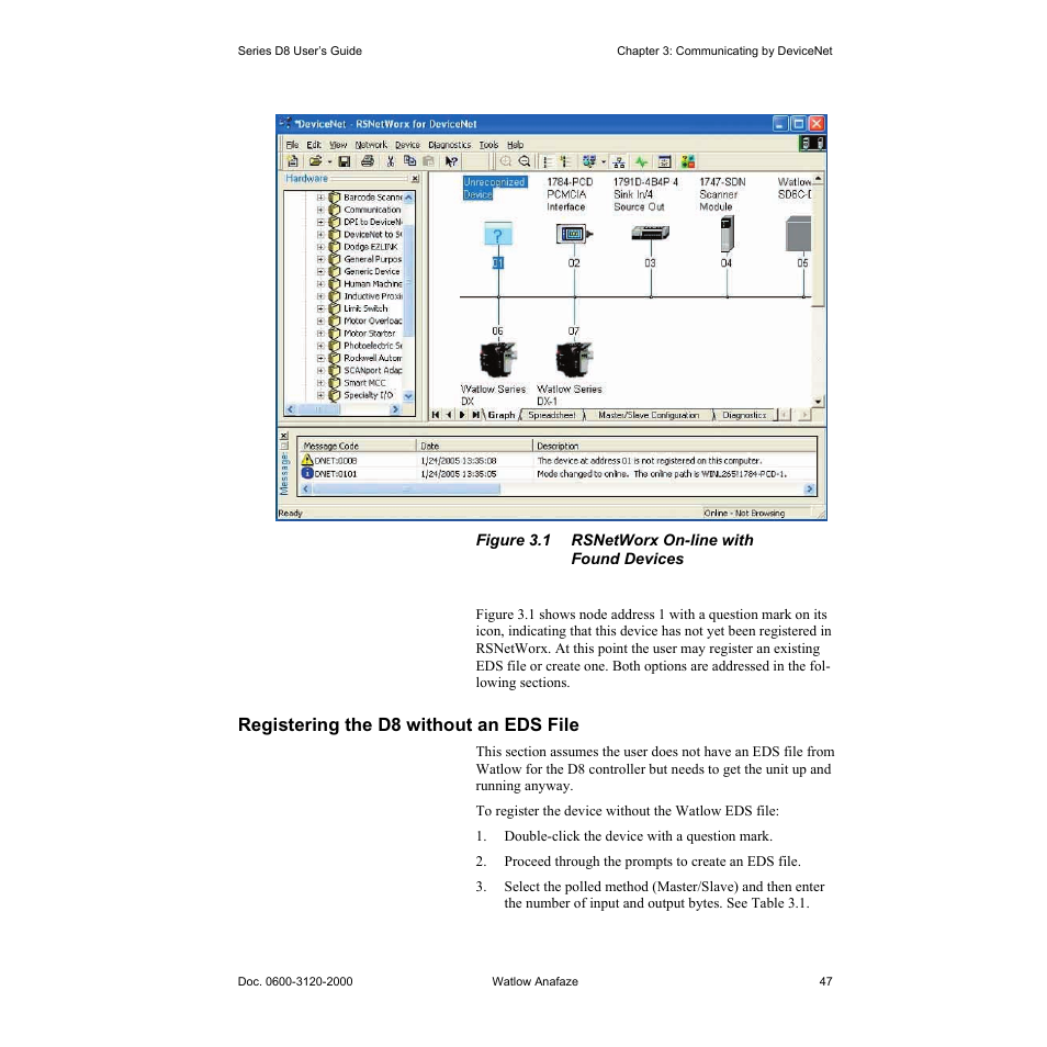 Registering the d8 without an eds file, Registering the d8 without an eds file 47, Figure 3.1—rsnetworx on-line with found devices 47 | Watlow Series D8 User Manual | Page 65 / 232
