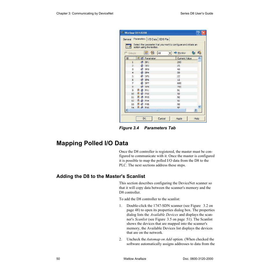 Mapping polled i/o data, Adding the d8 to the master's scanlist, Mapping polled i/o data 50 | Adding the d8 to the master's scanlist 50, Figure 3.4—parameters tab 50 | Watlow Series D8 User Manual | Page 68 / 232