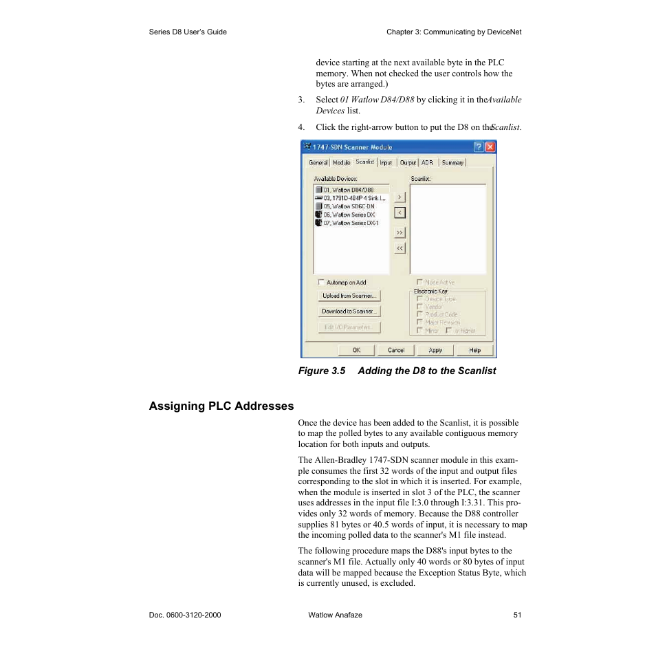 Assigning plc addresses, Assigning plc addresses 51, Figure 3.5—adding the d8 to the scanlist 51 | Watlow Series D8 User Manual | Page 69 / 232