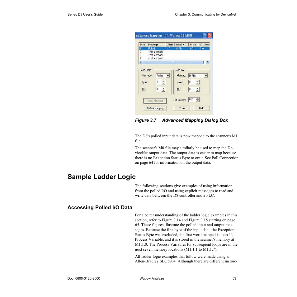Sample ladder logic, Accessing polled i/o data, Sample ladder logic 53 | Accessing polled i/o data 53, Figure 3.7—advanced mapping dialog box 53 | Watlow Series D8 User Manual | Page 71 / 232