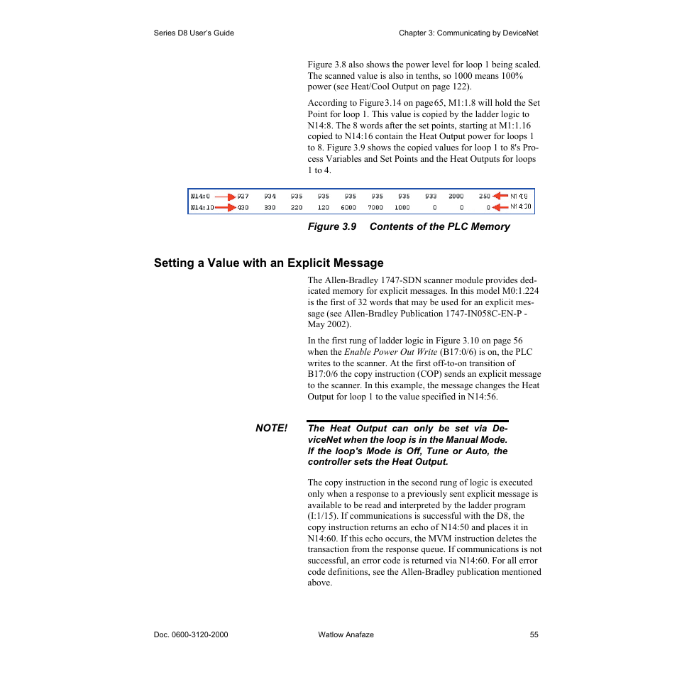 Setting a value with an explicit message, Setting a value with an explicit message 55, Figure 3.9—contents of the plc memory 55 | Watlow Series D8 User Manual | Page 73 / 232