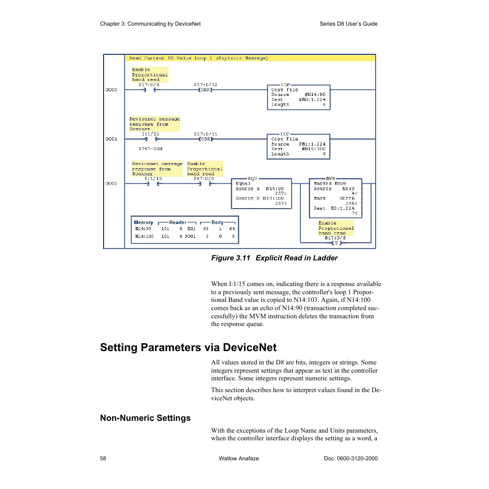 Setting parameters via devicenet, Non-numeric settings, Setting parameters via devicenet 58 | Non-numeric settings 58, Figure 3.11—explicit read in ladder 58 | Watlow Series D8 User Manual | Page 76 / 232