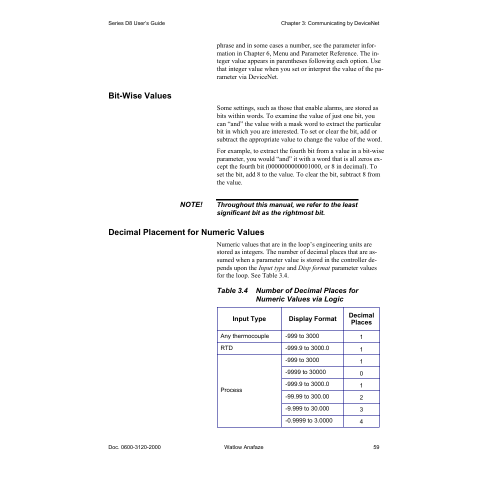 Bit-wise values, Decimal placement for numeric values, Bit-wise values 59 | Decimal placement for numeric values 59 | Watlow Series D8 User Manual | Page 77 / 232