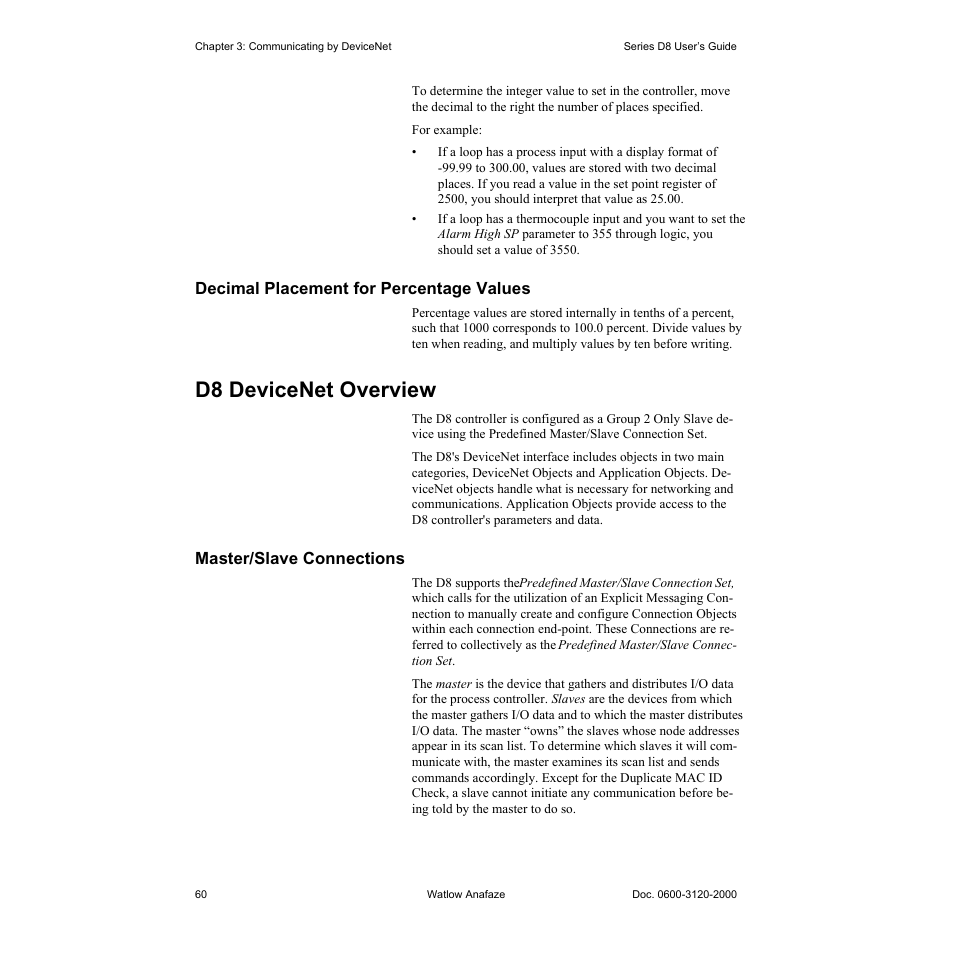Decimal placement for percentage values, D8 devicenet overview, Master/slave connections | Decimal placement for percentage values 60, D8 devicenet overview 60, Master/slave connections 60 | Watlow Series D8 User Manual | Page 78 / 232