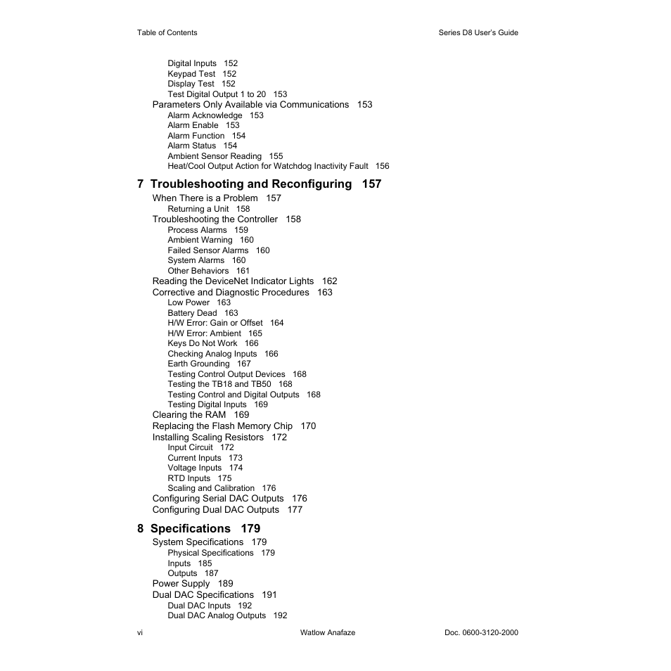 7 troubleshooting and reconfiguring 157, 8 specifications 179 | Watlow Series D8 User Manual | Page 8 / 232